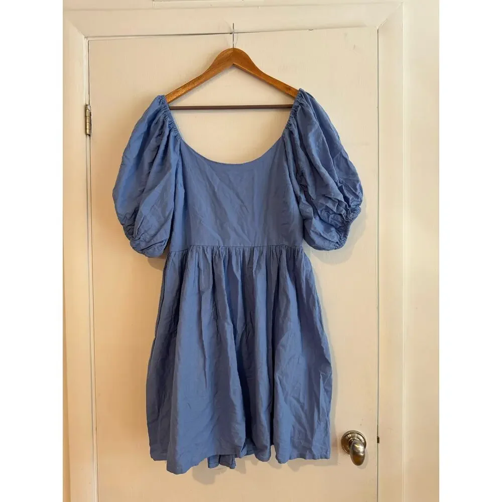 ELF Made by Hand Dress large Puff short sleeve mini dress 100% Linen ruched XXL - Picture 1 of 11